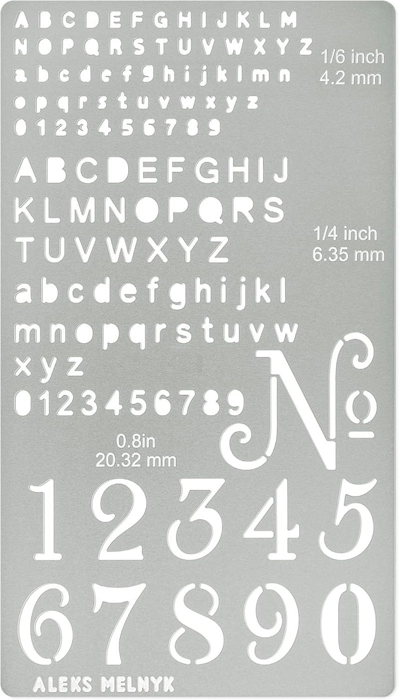 Aleks Melnyk No.422 Metal Stencil, Tiny Letters, Normografo, Pyrography, Wood Burning, 1 PCS, Template, Engraving Wood and Patterns, Alphabet and Number, Lettering, Letting, Bullet Journaling - Image 1